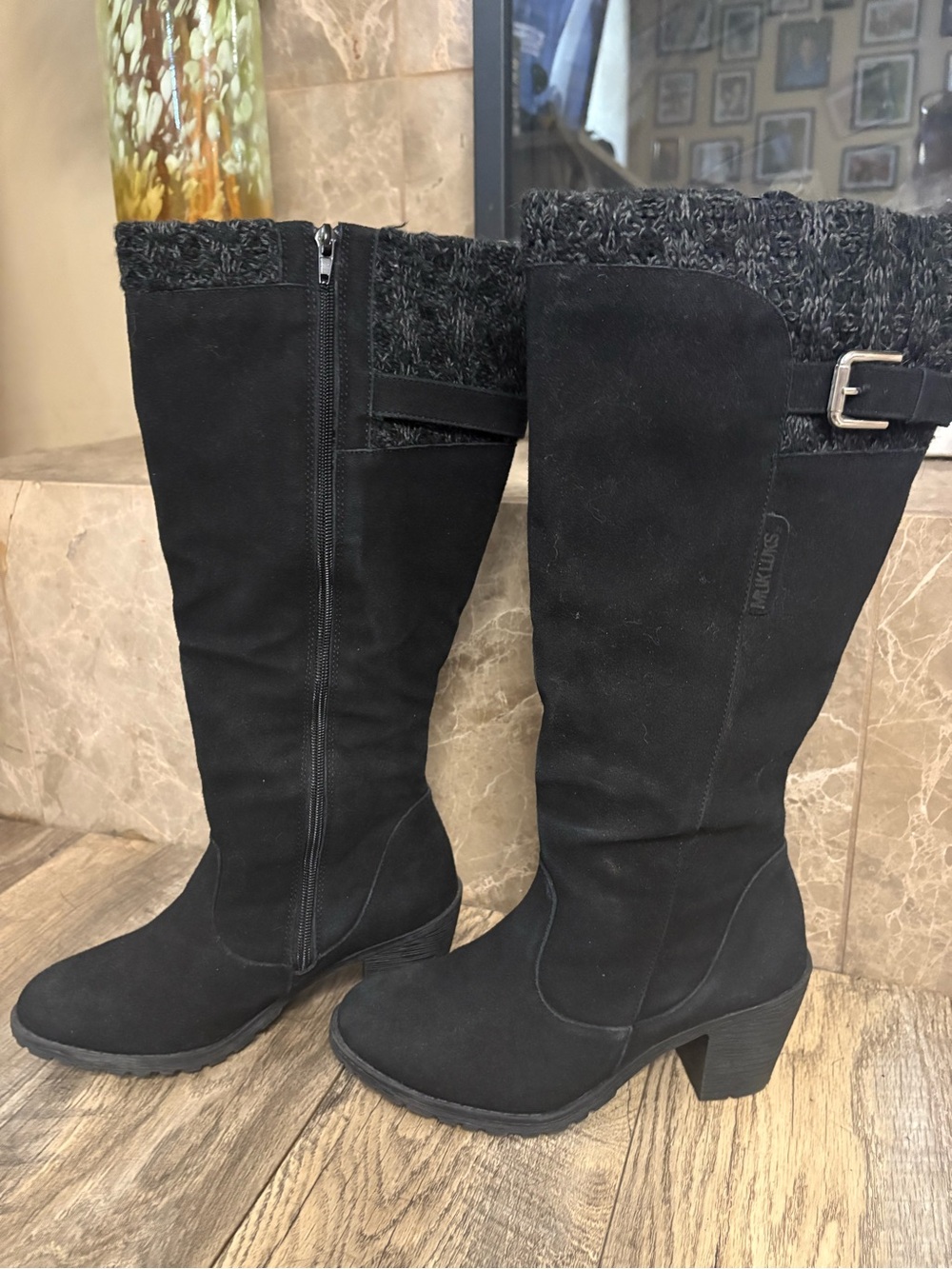 Muk Luks Black Knit-Cuff Mid-Calf Heeled Boots